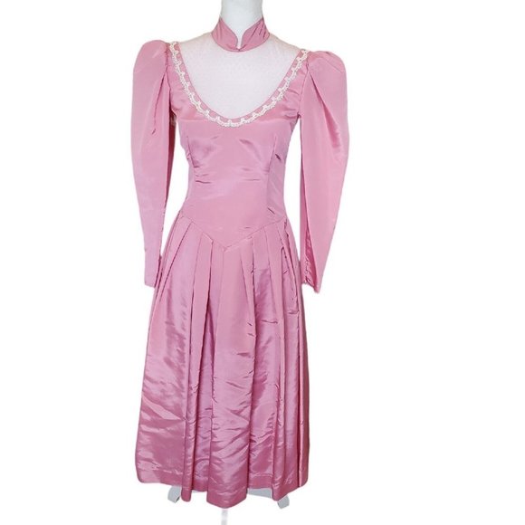VTG 80s Pink Princess Dress Longsleeve Midi Taffeta Prom Formal Puff Sleeve Sz 4 - Picture 2 of 14